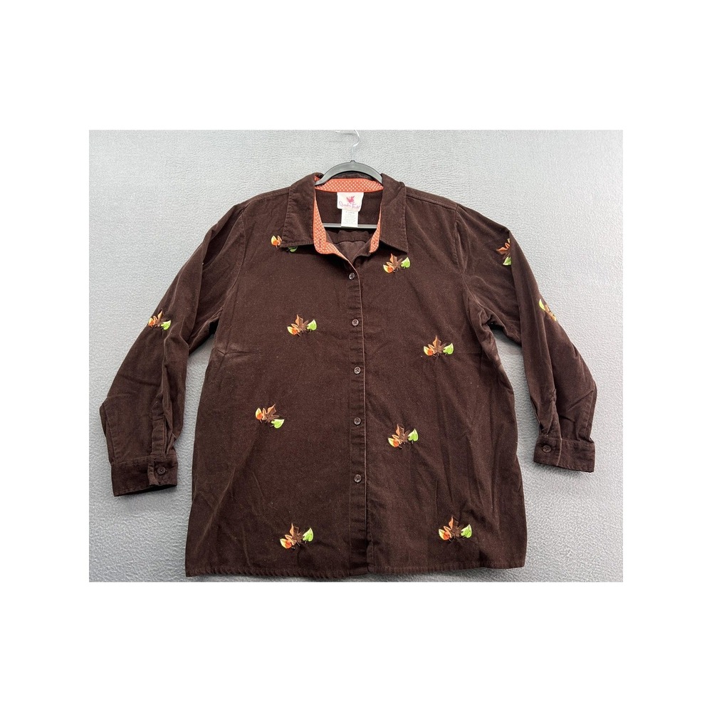 Quacker Factory Shirt Womens XL Corduroy Embroidered Autumn Leaf Button Up Brown
